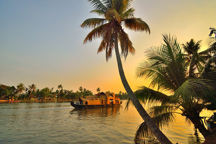 Houseboat in kerala backwaters during sunset